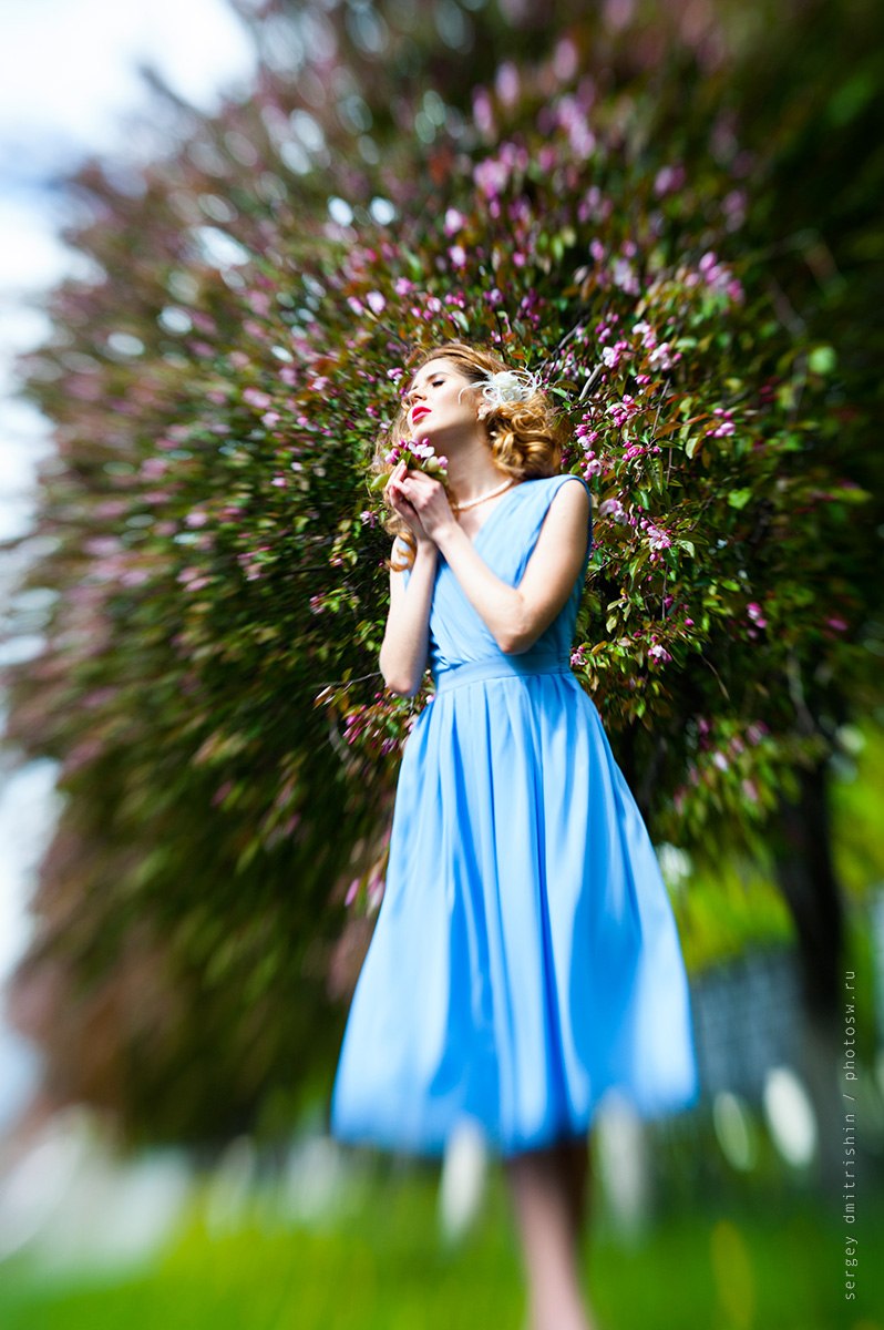 Весенняя фотосъемка, цветение яблонь, девушка в голубом платье, объектив Lensbaby